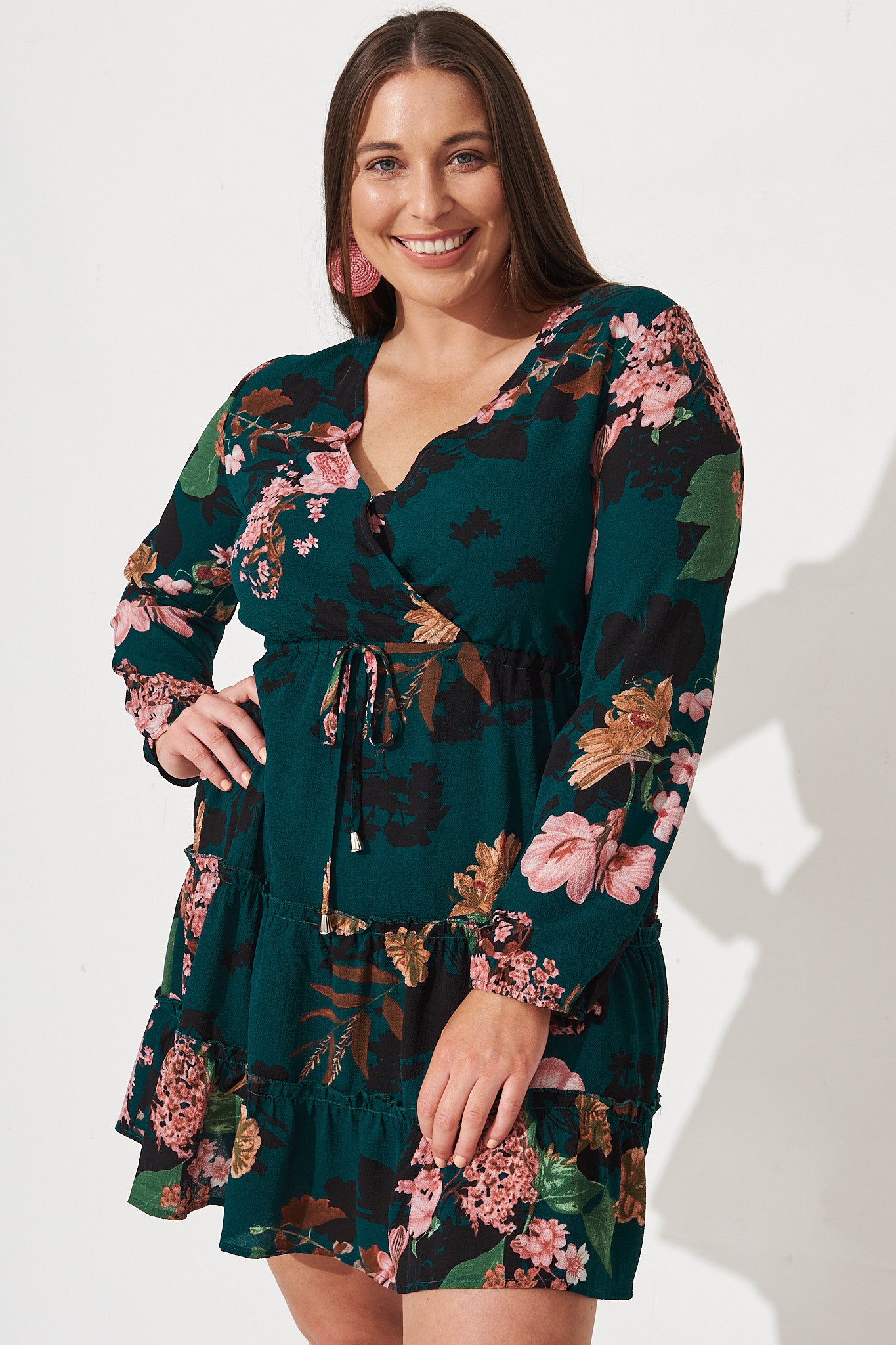 Chachi Mock Wrap Dress in Green with Apricot Floral – St Frock